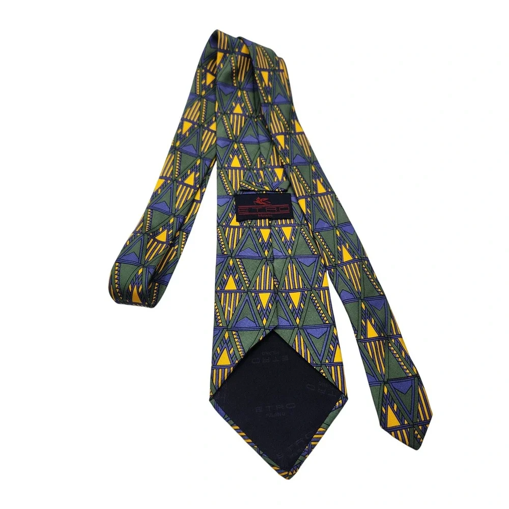 Etro Milano Silk Tie Geometric Yellow Green Purple Made in Italy Business Casual
